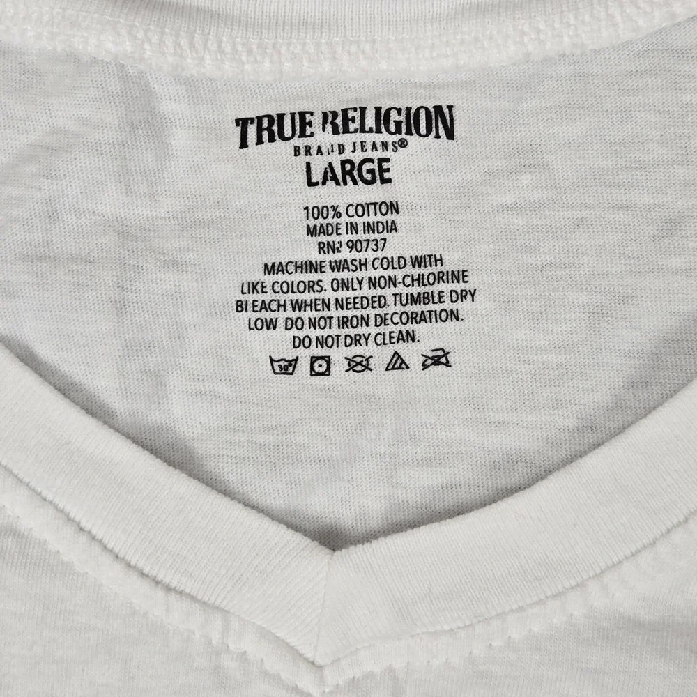 True Religion Shirt Womens Large White Gray Logo Short Sleeve V-Neck‎ Crop Boxy - Picture 3 of 7
